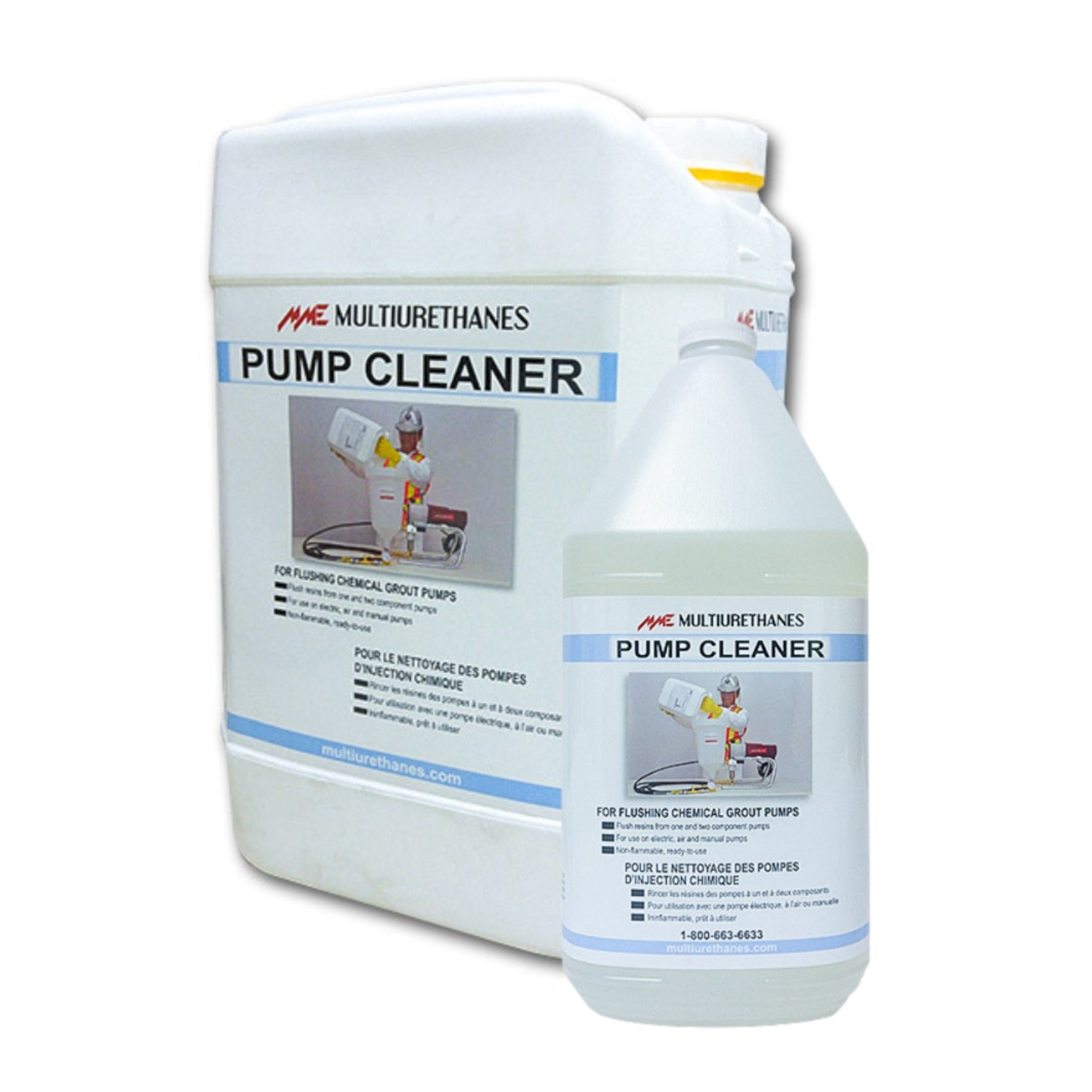 Multiurethanes Pump Cleaner solution in labelled container for flushing and maintaining grout pumps